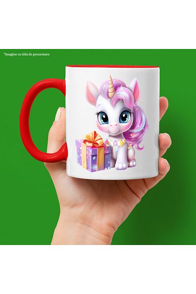 StoryGift Romania Cana cu un unicorn vesel | ilustratie | bucurie | cadou | de ziua lui | aniversa, Cu Maner Rosu