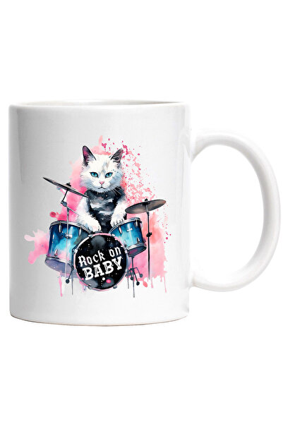 StoryGift Romania Cana cu pisica baterista cu mesajul "Rock on Baby", fundal ...