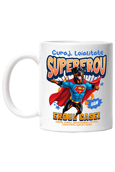 StoryGift Romania Cana cu Rottweiler Caine In Costum de SuperMan cu Pelerina, Erou Nocturn, Desene, Cu Maner Alb