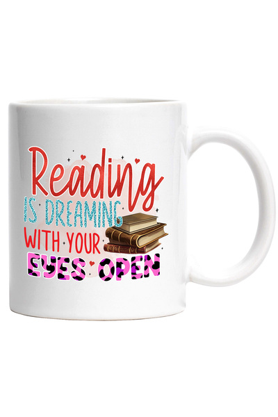 StoryGift Romania Cana cu mesajul un teanc de carti cu mesajul "Reading is dr...