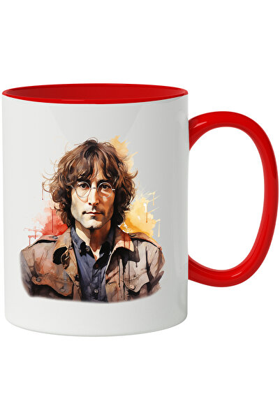 StoryGift Romania Cana Cu John Lennon, Celebritate, Cantaret, Compozitor, Multicolor 330 ml, Ceram, Cu Maner Rosu
