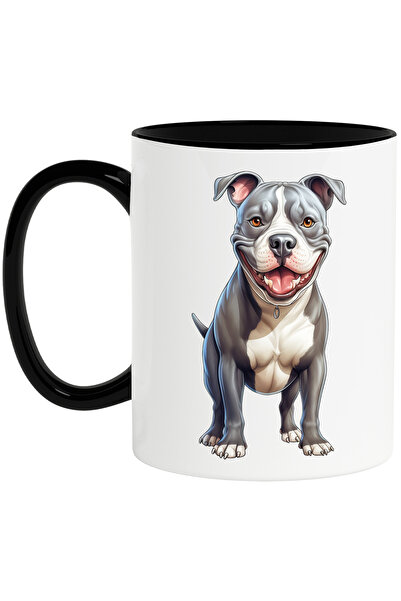 StoryGift Romania Cana cu un caine Pitbull | ilustratie | jucaus | animal | bucuros | pentru iubit, Cu Maner Negru