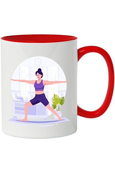 StoryGift Romania Cana Cu Yoga, Echipament, Plante, Sport, Multicolor 330 ml, Ceramica cu Maner Ro, Cu Maner Rosu