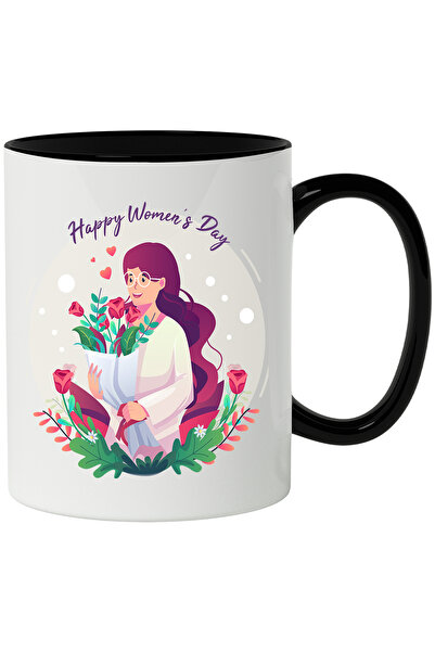 StoryGift Romania Cana Cu Mesaj In Engleza Happy Women's Day, Flori, Buchet, Buline, Ziua Femeii, , Cu Maner Negru