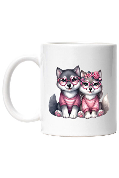 StoryGift Romania Cana cu 2 catei Husky, ilustratie, floricele, ochelari in f...