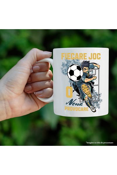 StoryGift Romania Cana Fiecare joc, o noua provocare! sport fotbal, 330ml, Ceramic cu Maner Alb, Cu Maner Alb