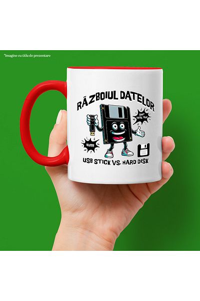 StoryGift Romania Cana Razboiul Datelor. Usb Stick Vs. Hard Disk , 330ml, Ceramic Cu Maner Rosu, Cu Man,stg