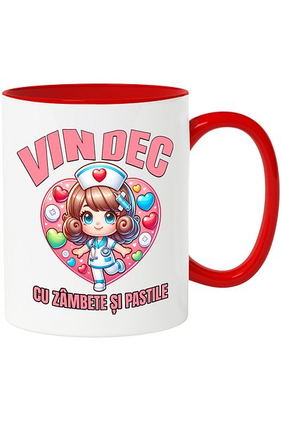 StoryGift Romania Cana Fata Doctorita Vesela Text Vindec cu zambete si pastile, 330ml, Ceramic cu , Cu Maner Rosu
