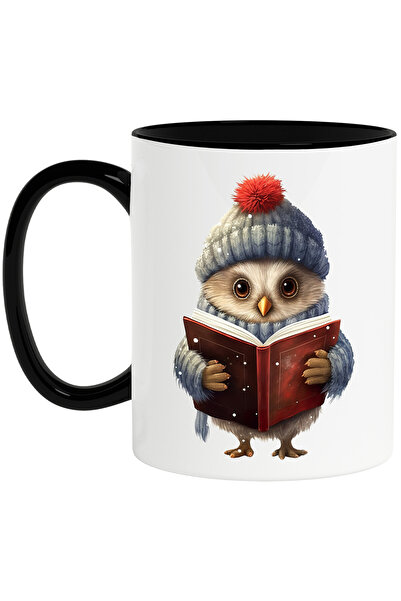 StoryGift Romania Cana cu o bufnita care tine o carte deschisa | frig | haine groase | caciula | l, Cu Maner Negru