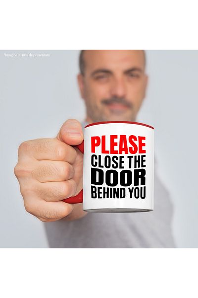 StoryGift Romania Mug with the message "Close the door behind you!" with Red Handle, With Red Handle STG, STG, STG.