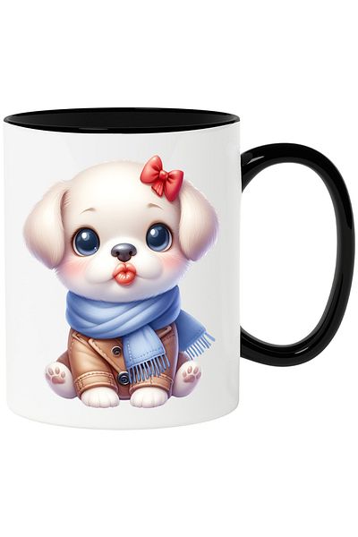 StoryGift Romania Cana cu un catelus care da un pupic | ilustratie | fular | imbracat gros | frig , Cu Maner Negru