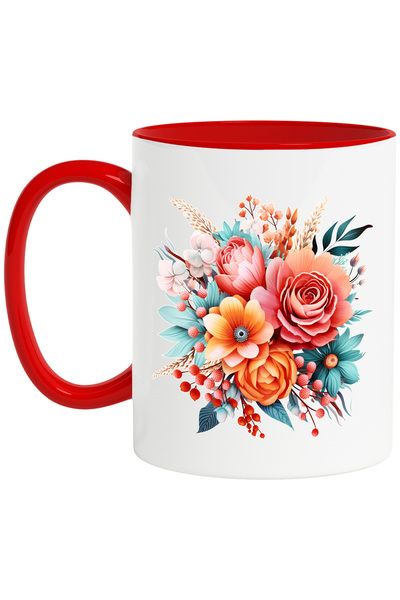 StoryGift Romania Cana cu diverse floricele, trandafir, portocalii, rosii, dar, plante, gradina, p, Cu Maner Rosu