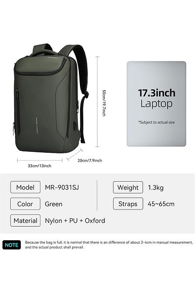 Mark Ryden Men's backpack Mark Ryden Smart, 17.3 laptop, water resistant, USB port, 32L, 50 x 30 x 20 cm, green