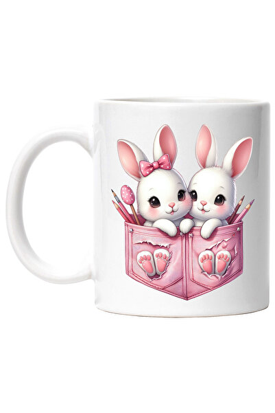 StoryGift Romania Mug with 2 bunnies, illustration, sitting in pockets, color...