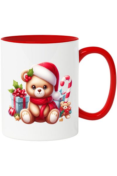 StoryGift Romania Mug with a teddy bear | illustration | joy | Christmas hat | scarf |, With Red Handle