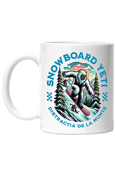 StoryGift Romania Cana cu Big Foot Monstru Paros Pe Placa dE Snowboard Sport Iarna Munte Yeti , Ce, Cu Maner Alb