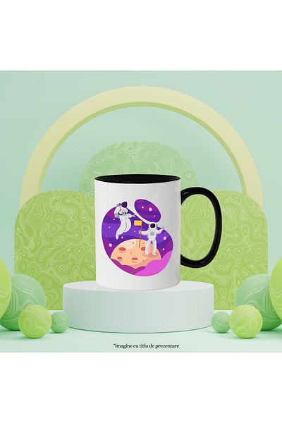 StoryGift Romania Cana Cu Luna, Spatiu, Astronauti, Steag, Stele, Costum, Gravitatie, Multicolor 3, Cu Maner Negru
