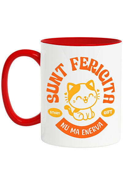 StoryGift Romania Cana cu Pisica Vesela Portocalie Text Sunt Fericita Nu Ma E...