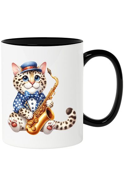 StoryGift Romania Mug with a cheetah cub holding a saxophone | illustration | music | instrument, With Black Handle
