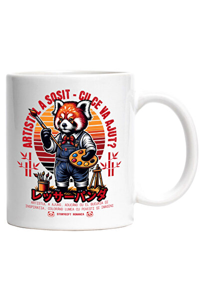 StoryGift Romania Cana Panda Rosu Pictor - Artistul a Sosit, 330ml, Ceramic c...