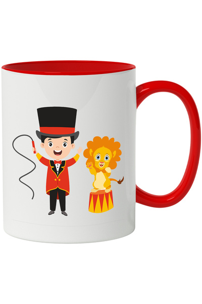 StoryGift Romania Cana Cu Imblanzitor, Circar, Circ, Leu, Bici, Papion, Joben, Multicolor 330 ml, , Cu Maner Rosu