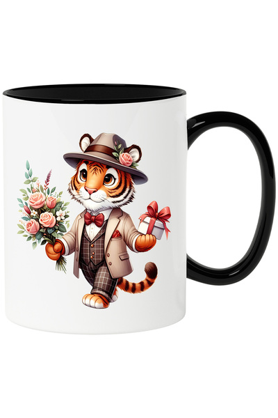 StoryGift Romania Cana cu un tigru care tine un buchet cu flori si un cadou |...