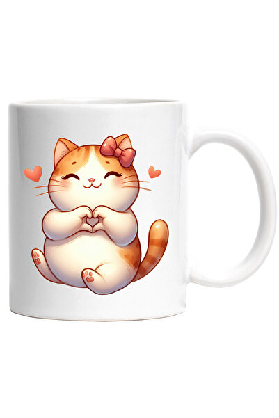 StoryGift Romania Cana cu o pisica vesela care tine labutele in forma de inim...