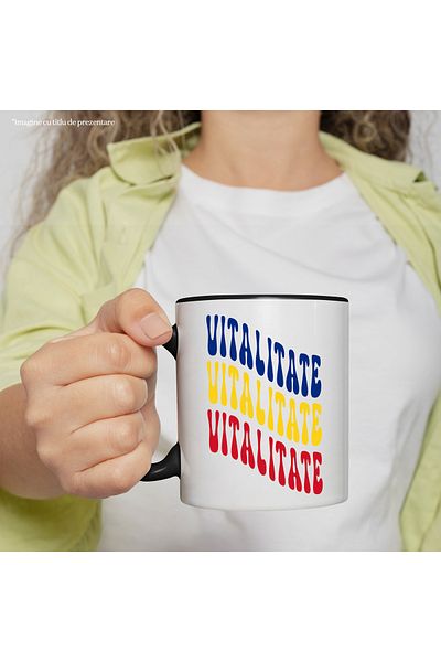 StoryGift Romania Mug with the word Vitality, in the colors of the Romanian flag, red, yellow, blue, with STG