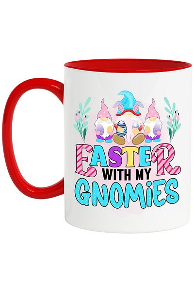 StoryGift Romania Cana cu mesajul "Easter with my gnomies", pitici, Paste fericit, ilustratie, sar, Cu Maner Rosu