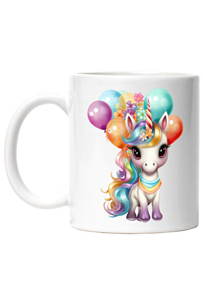 StoryGift Romania Cana cu un unicorn bucuros | ilustratie | baloane divers colorate | floricele | , Cu Maner Alb