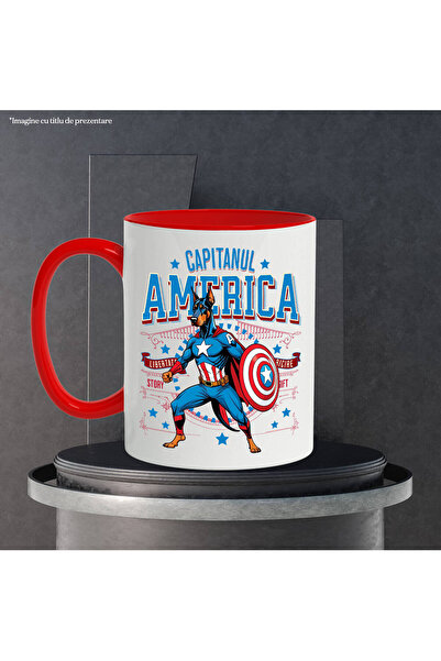 StoryGift Romania Mug with Doberman Pinscher Dog in Captain America Costume with Cape, Hero N, with Red Handle STG