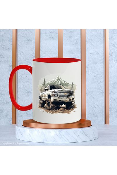 StoryGift Romania Mug With Car, Chevrolet, Mountain, Fir Trees, Stones, Sky, Multicolor 330 ml, Ceramic, With ,STG