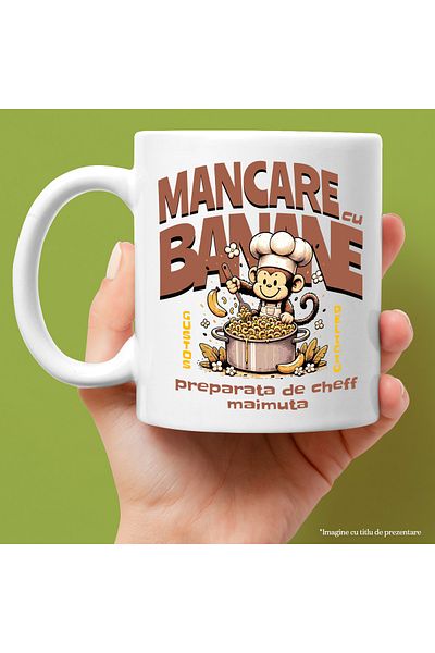 StoryGift Romania Cana mancare cu banane preparat de cheff maimuta, 330ml, Ceramic cu Maner Alb, Cu Maner Alb