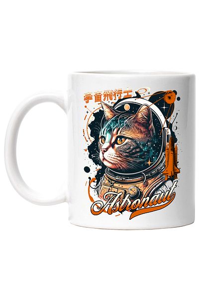 StoryGift Romania Cana Pisica Astronaut in Spatiu, 330ml, Ceramic cu Maner Alb, Cu Maner Alb