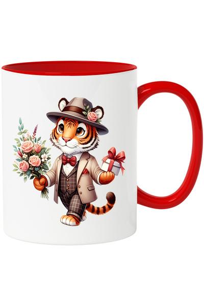 StoryGift Romania Cana cu un tigru care tine un buchet cu flori si un cadou |...
