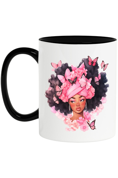 StoryGift Romania Cana cu o fata de culoare, ilustratie, fluturi, roz, floric...