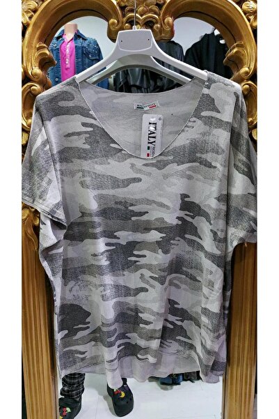 Butik Ayseba Kadın Varaklı Kamuflaj Desen Kısa Kol İtalyan Bluz