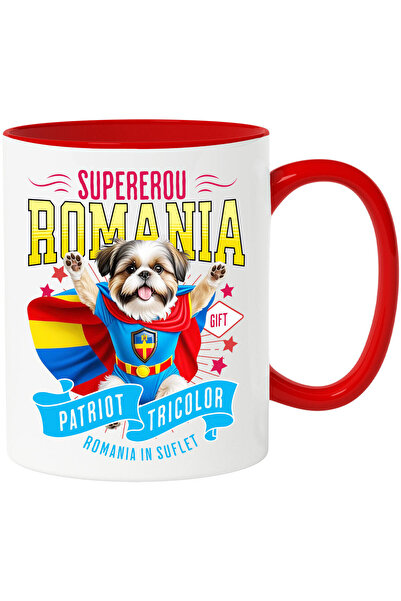 StoryGift Romania Mug with Shih Tzu Dog in Captain Romania Costume with Cape, Night Hero, D, With Red Handle