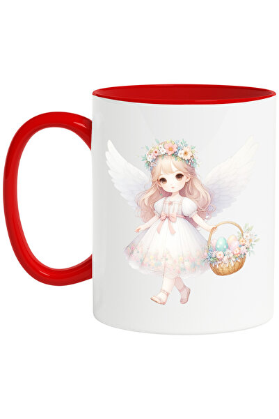 StoryGift Romania Cana cu o fetita cu aripi de ingeras, ilustratie, tine un cosulet cu oua vopsite, Cu Maner Rosu