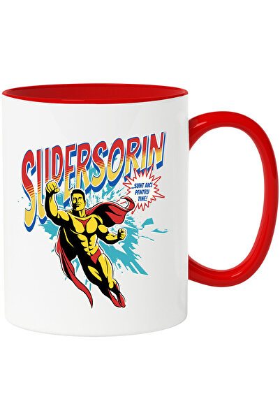 StoryGift Romania Cana cu Barbat Puternic In Zbor Super erou Costum Desene Animate Text Super Sori, Cu Maner Rosu