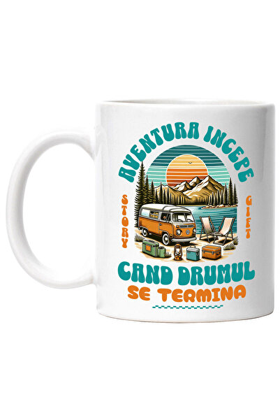 StoryGift Romania Cana cu Plimbare Cu Rulota Intre Munti, Apus Soare Lac Stralucitor Text Aventura, Cu Maner Alb