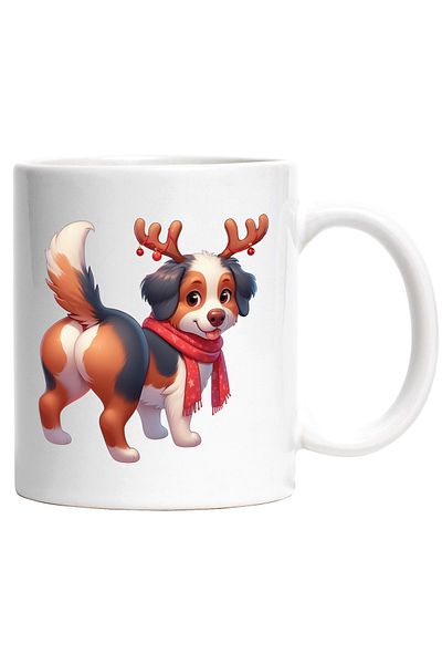 StoryGift Romania Mug with a cheerful puppy wearing reindeer antlers | illustration | scarf | winter | , With White Handle