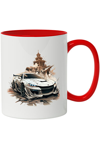 StoryGift Romania Cana Cu Masina Sport, Templu, Munte, Ilustratie, Stanci, Multicolor 330 ml, Cera, Cu Maner Rosu