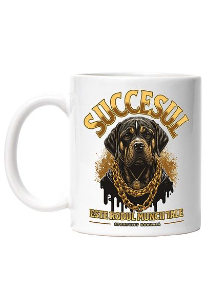 StoryGift Romania Cana Caine gangster cu lant de aur, succes, 330ml, Ceramic cu Maner Alb, Cu Maner Alb