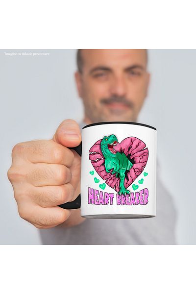 StoryGift Romania Mug with a dinosaur coming out of a broken heart with the message "Heart Breaker", Va, Cu, STG