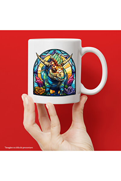 StoryGift Romania Cana cu un dinozaur in stil mozaic, ilustratie, flori, acum...