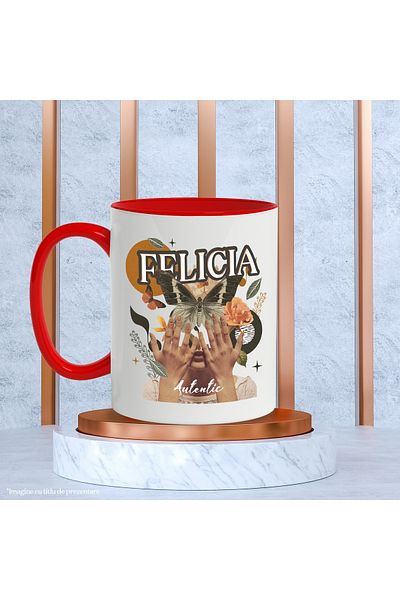 StoryGift Romania Felicia Name Mug, Girl Collage, Butterfly, Flowers, Circle, 330ml, Ceramic with Handle, With ,STG