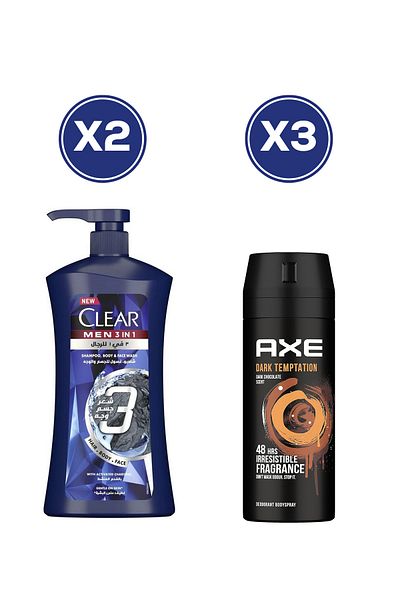 Clear Men 3in1 Shampoo Charcoal 900ml x2 + Axe Body Spray Dark Temptation 150ml x3 – Bundle