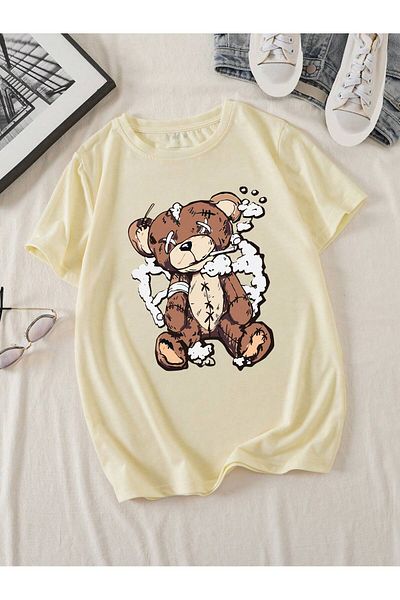 PENTHİLUS Cartoon Bear Printed Short-Sleeved Round Neck T-Shirt
