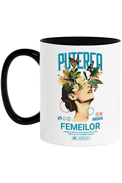 StoryGift Romania Cana Puterea Femeilor - Portret Fata cu Flori si Fluturi, 330ml, Ceramica cu Man, Cu Maner Negru